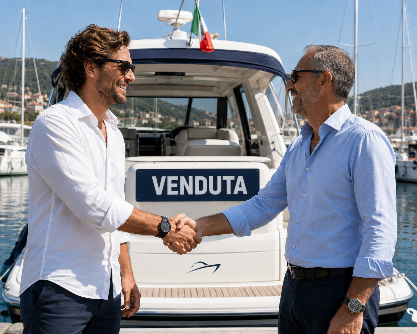 Consegna di un'imbarcazione venduta, stretta di mano tra le parti